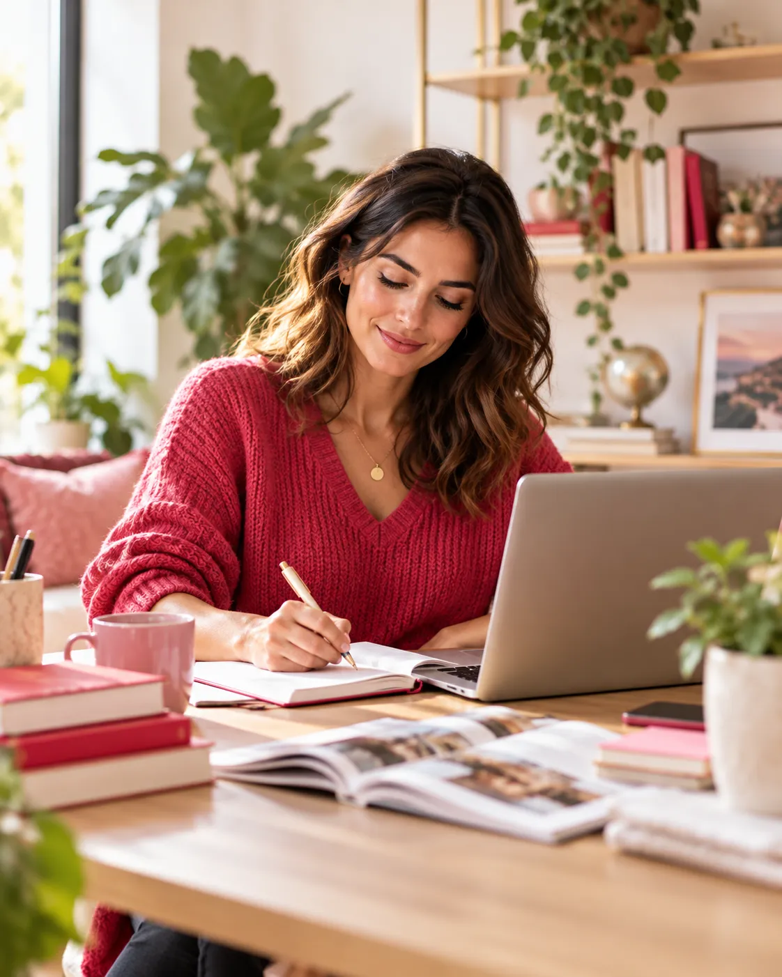 Vrouwelijke auteur in een roze trui schrijft in een notitieboek naast een laptop, omringd door boeken en planten in een lichte, moderne werkruimte.