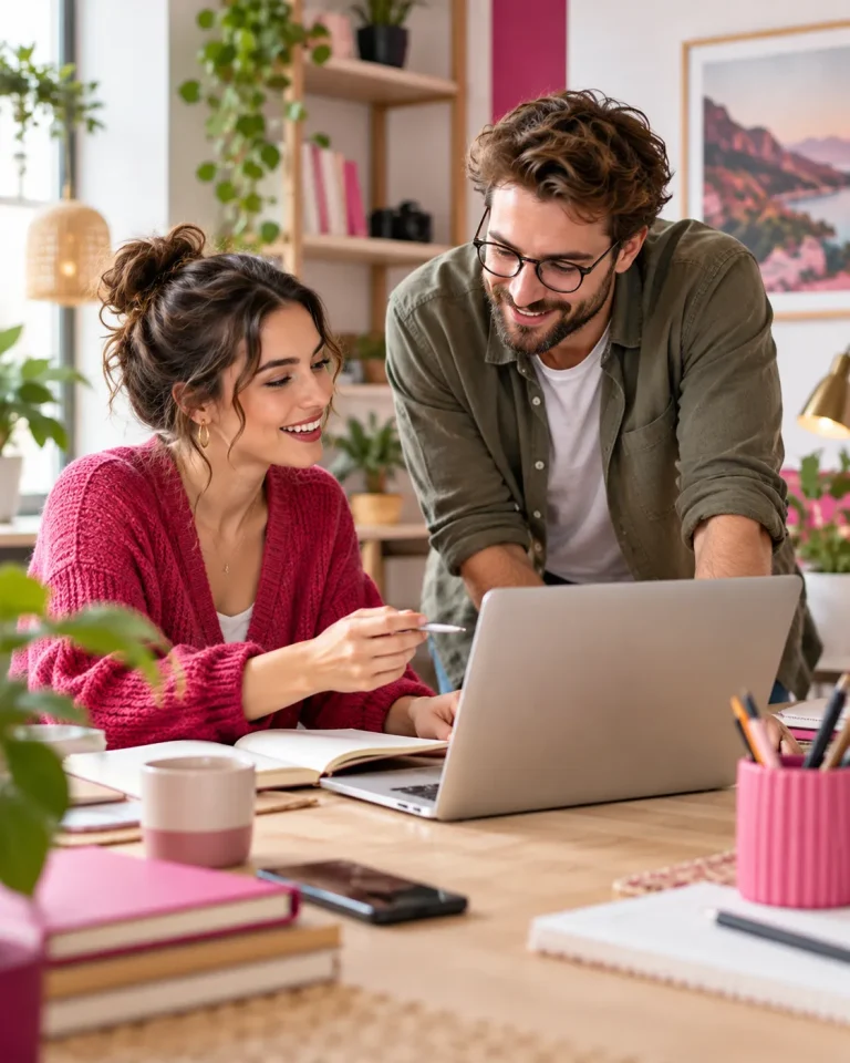 Twee auteurs bespreken samen ideeën voor artikelen achter een laptop, met notitieboeken en roze accenten in een sfeervolle, creatieve werkruimte.