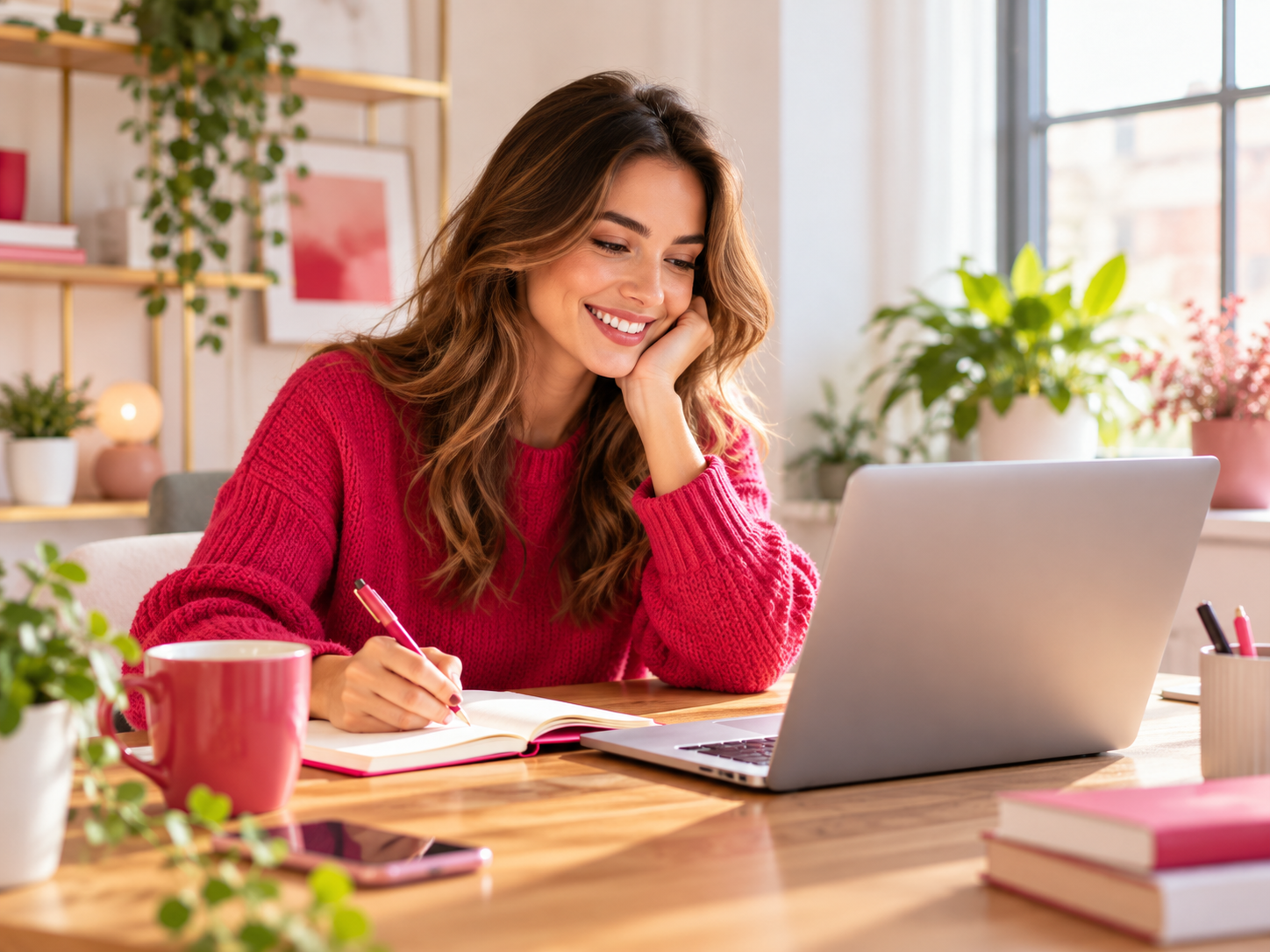 Vrouw in een roze trui werkt achter een laptop en schrijft in een notitieboek aan een houten bureau met koffie en groene planten.