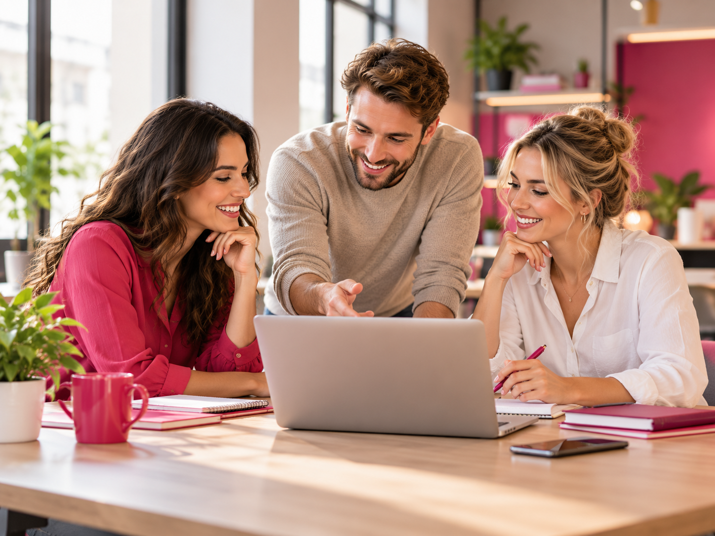 Drie professionals bespreken samen ideeën achter een laptop aan een houten tafel met notitieboeken en roze accessoires in een moderne kantoorruimte.