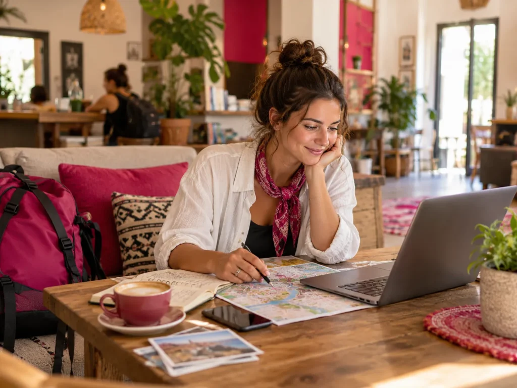 Jonge vrouw plant haar volgende reis met een laptop en stadskaart in een gezellige accommodatie met roze accenten.