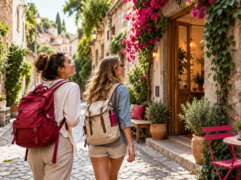 Twee vriendinnen met rugzakken ontdekken een sfeervol straatje met kleurrijke bloemen en bijzondere accommodaties.