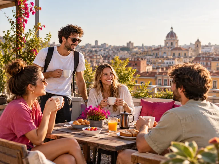Groep vrienden geniet samen van een ontbijt op een zonnig dakterras met uitzicht over een historische Europese stad.