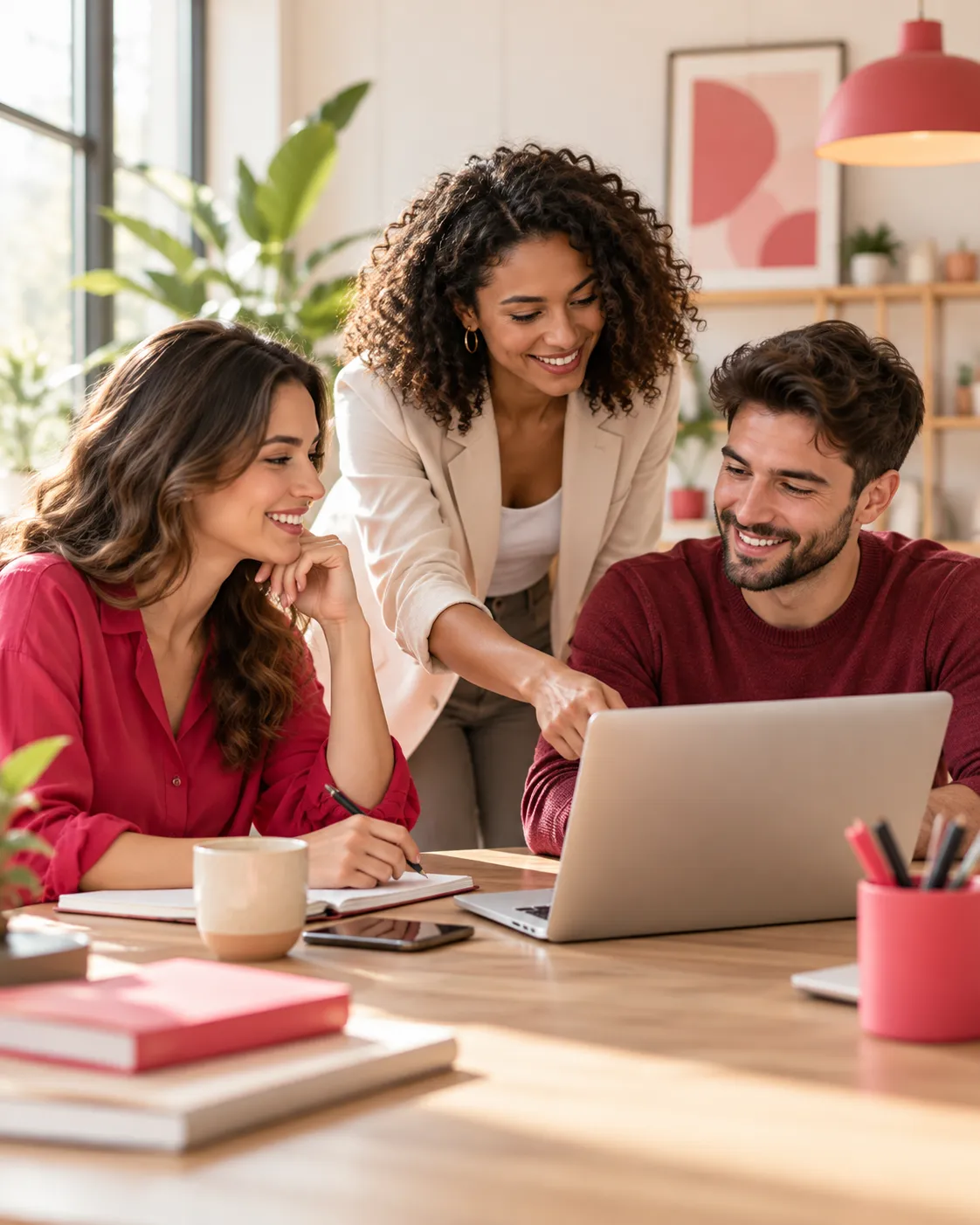 Drie professionals bespreken samen ideeën en samenwerkingsmogelijkheden achter een laptop in een moderne werkruimte met roze accenten, notitieboeken en planten.